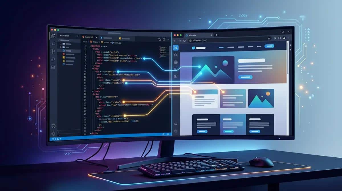 Build Dual monitor setup displaying code on one screen and a website design on the other.