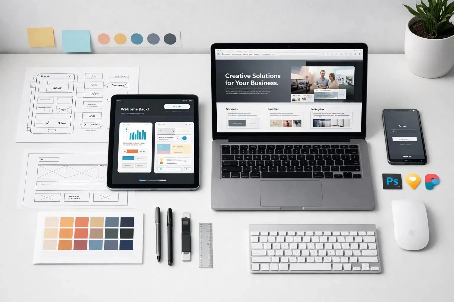 Design Workspace displaying website design mockups, an iPad, laptop, smartphone, and design tools.