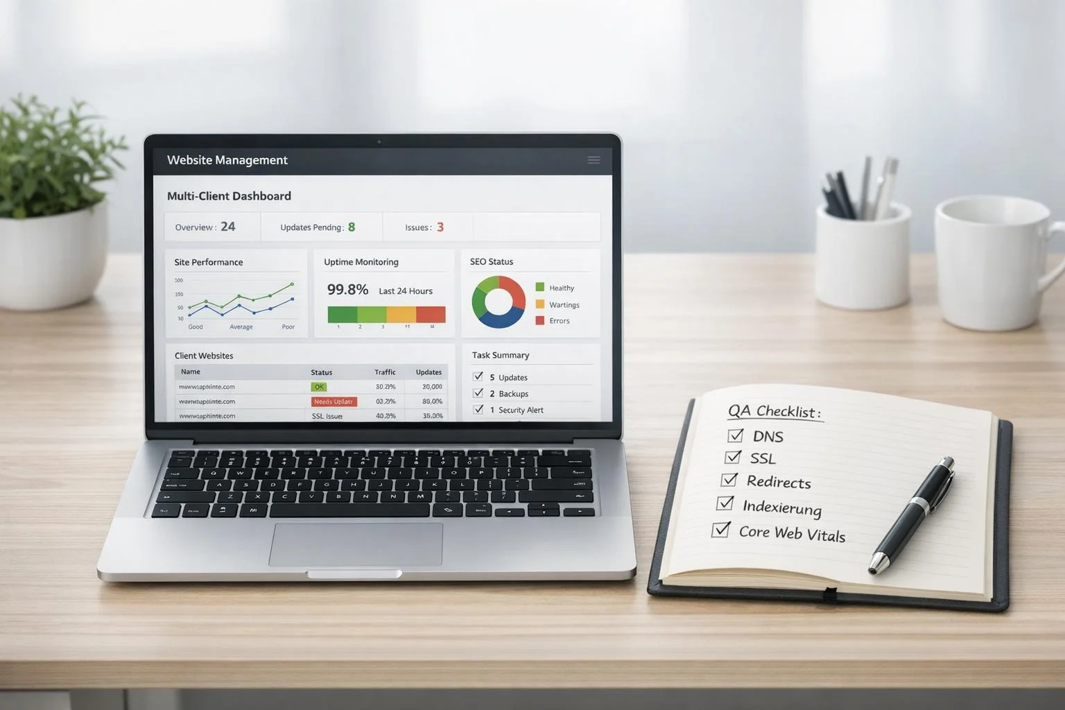 Launch Laptop displaying a multi-client dashboard for website management with a notepad and pen.