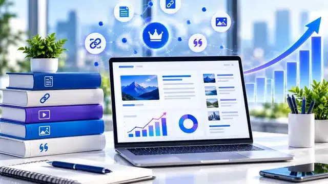A laptop displaying analytics and charts, surrounded by books and office supplies on a desk.