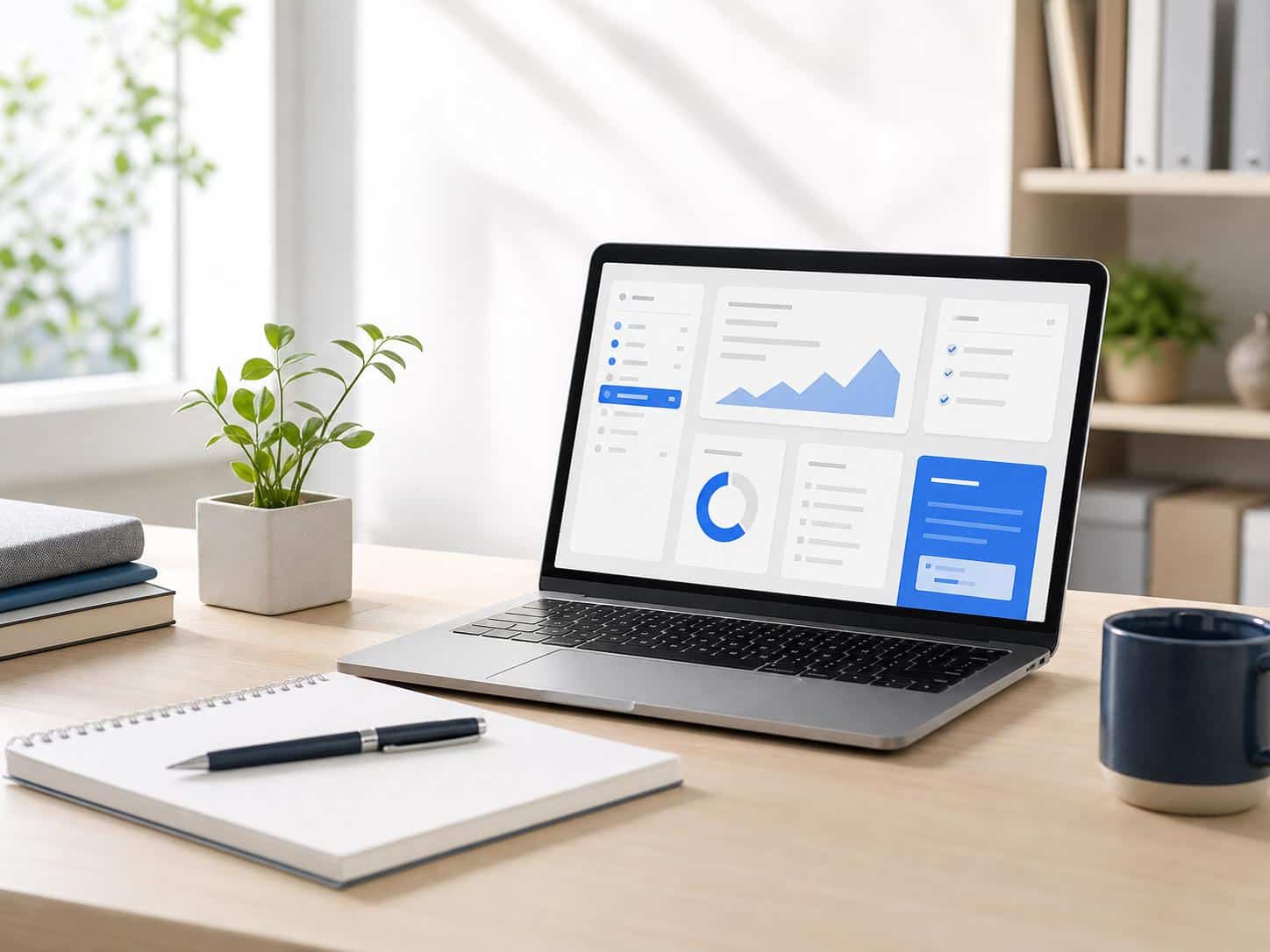 discover A laptop displaying a dashboard with graphs and data, next to a notebook and a plant on a desk.