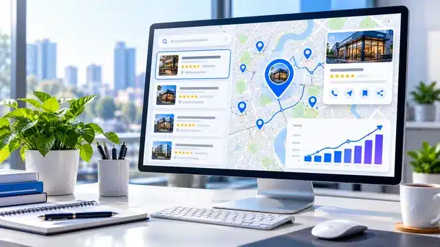 Computer screen displaying a local SEO map with business listings, ratings, and a growth chart.
