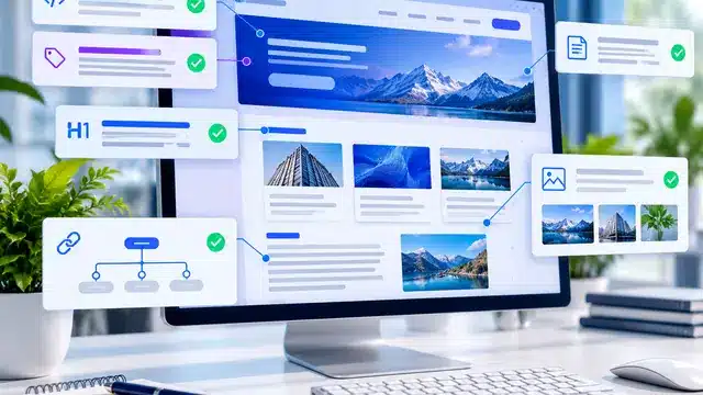 A computer screen displaying a website with various SEO elements like tags, headers, and links.
