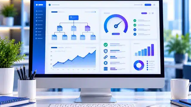 Dashboard displaying graphs, charts, and metrics for SEO performance on a desktop screen.